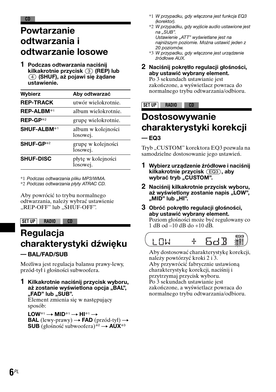 Powtarzanie odtwarzania i odtwarzanie losowe, Regulacja charakterystyki dźwięku - bal/fad/sub, Dostosowywanie charakterystyki korekcji - eq3 | Regulacja charakterystyki dźwięku, Dostosowywanie charakterystyki korekcji | Sony CDX-GT30RN User Manual | Page 60 / 84