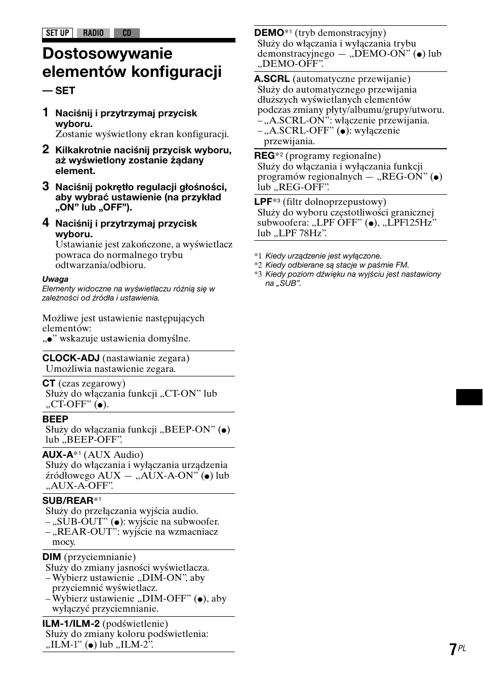 Dostosowywanie elementów konfiguracji - set, Dostosowywanie elementów konfiguracji | Sony CDX-GT30RN User Manual | Page 61 / 84