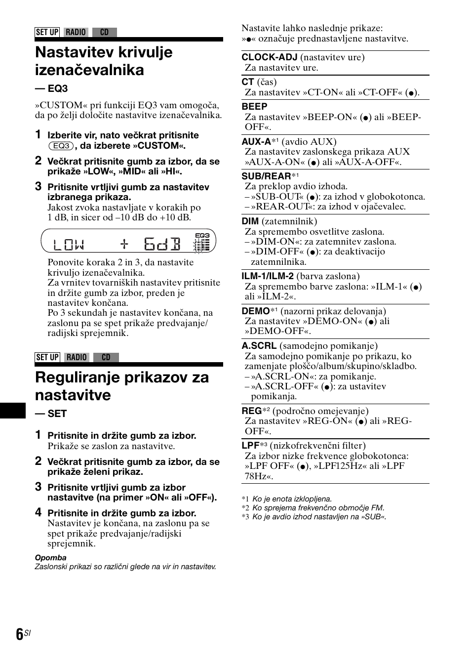 Nastavitev krivulje izenačevalnika - eq3, Reguliranje prikazov za nastavitve - set, Nastavitev krivulje izenačevalnika | Reguliranje prikazov za nastavitve | Sony CDX-GT30RN User Manual | Page 66 / 84