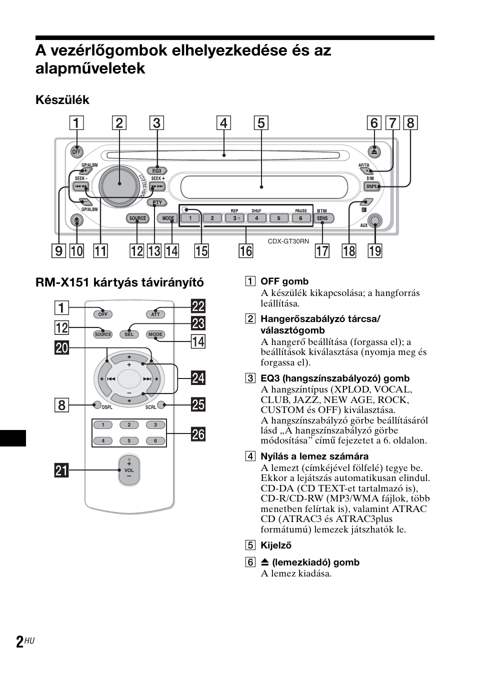 A vezérlőgombok elhelyezkedése és az alapműveletek, Készülék rm-x151 kártyás távirányító | Sony CDX-GT30RN User Manual | Page 68 / 84