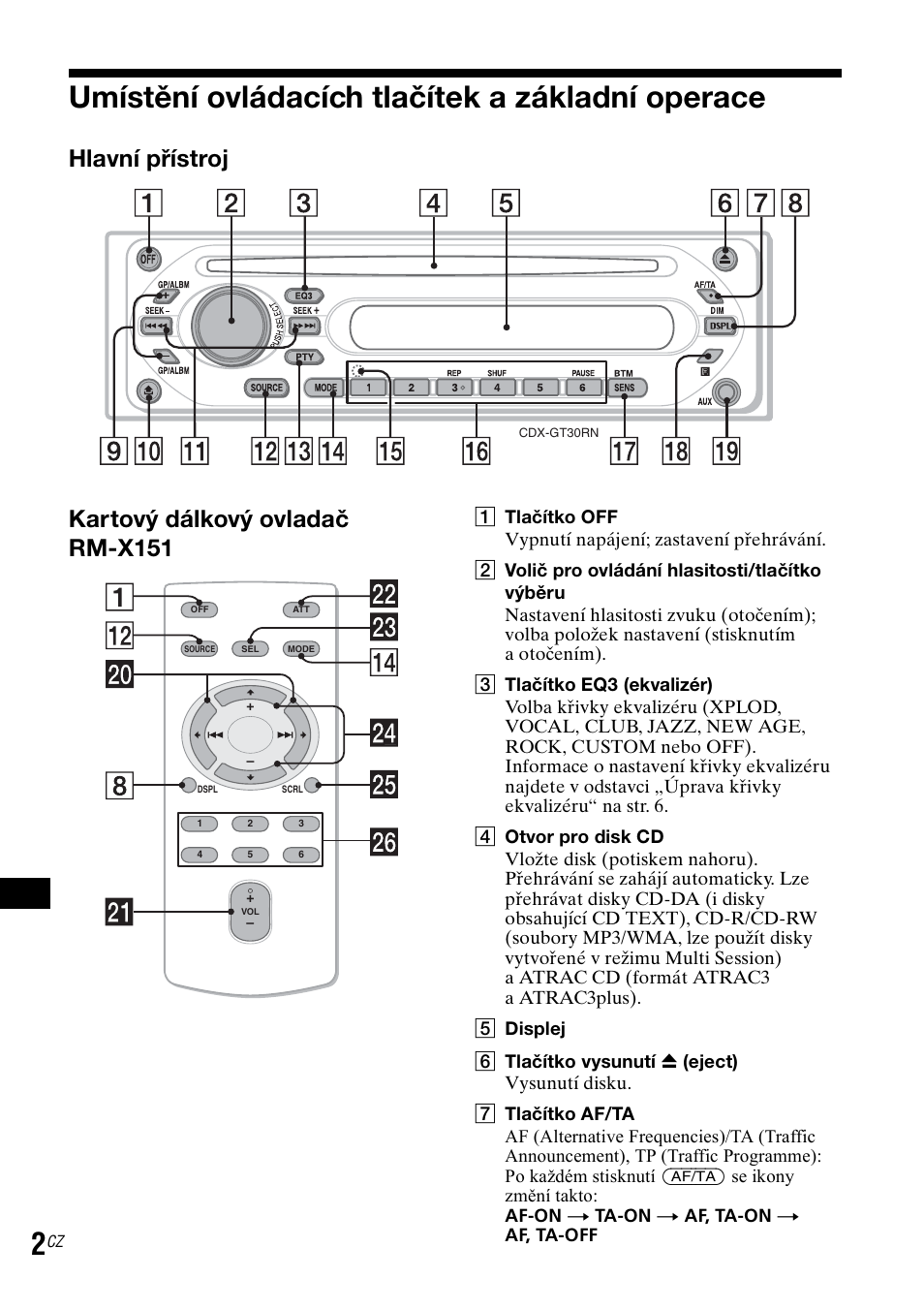 Umístění ovládacích tlačítek a základní operace, Hlavní přístroj kartový dálkový ovladač rm-x151 | Sony CDX-GT30RN User Manual | Page 74 / 84