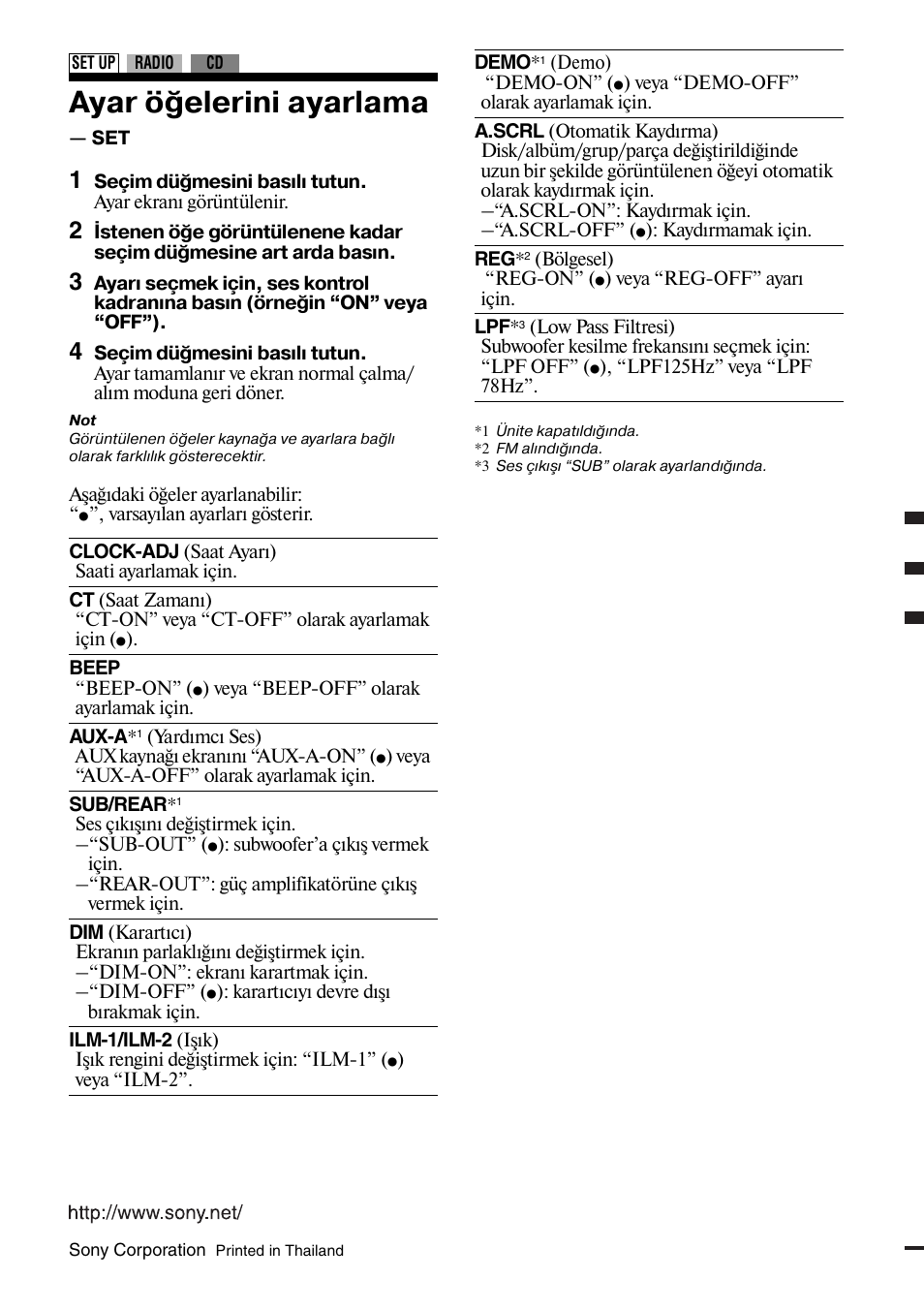 Ayar öğelerini ayarlama — set, Ayar öğelerini ayarlama | Sony CDX-GT30RN User Manual | Page 84 / 84