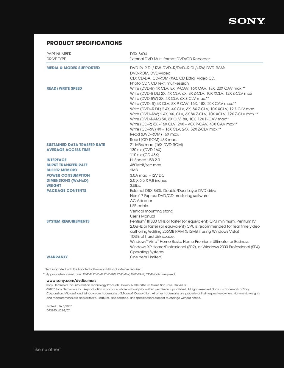Product specifications | Sony DRX-840U User Manual | Page 2 / 2