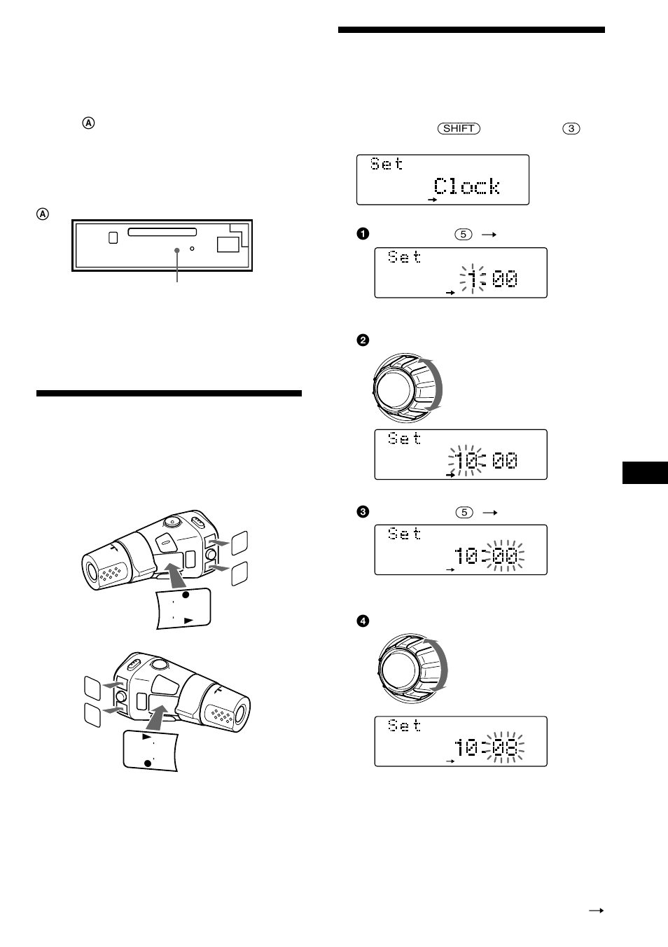 Acertar o relógio, Preparação do comando rotativo, Alarme de advertência | Indicador tir, 2 acerte a hora. 3 carregue em (5) ( n ), 4 acerte os minutos, Continua na próxima página n | Sony MDX-C8900R User Manual | Page 145 / 186