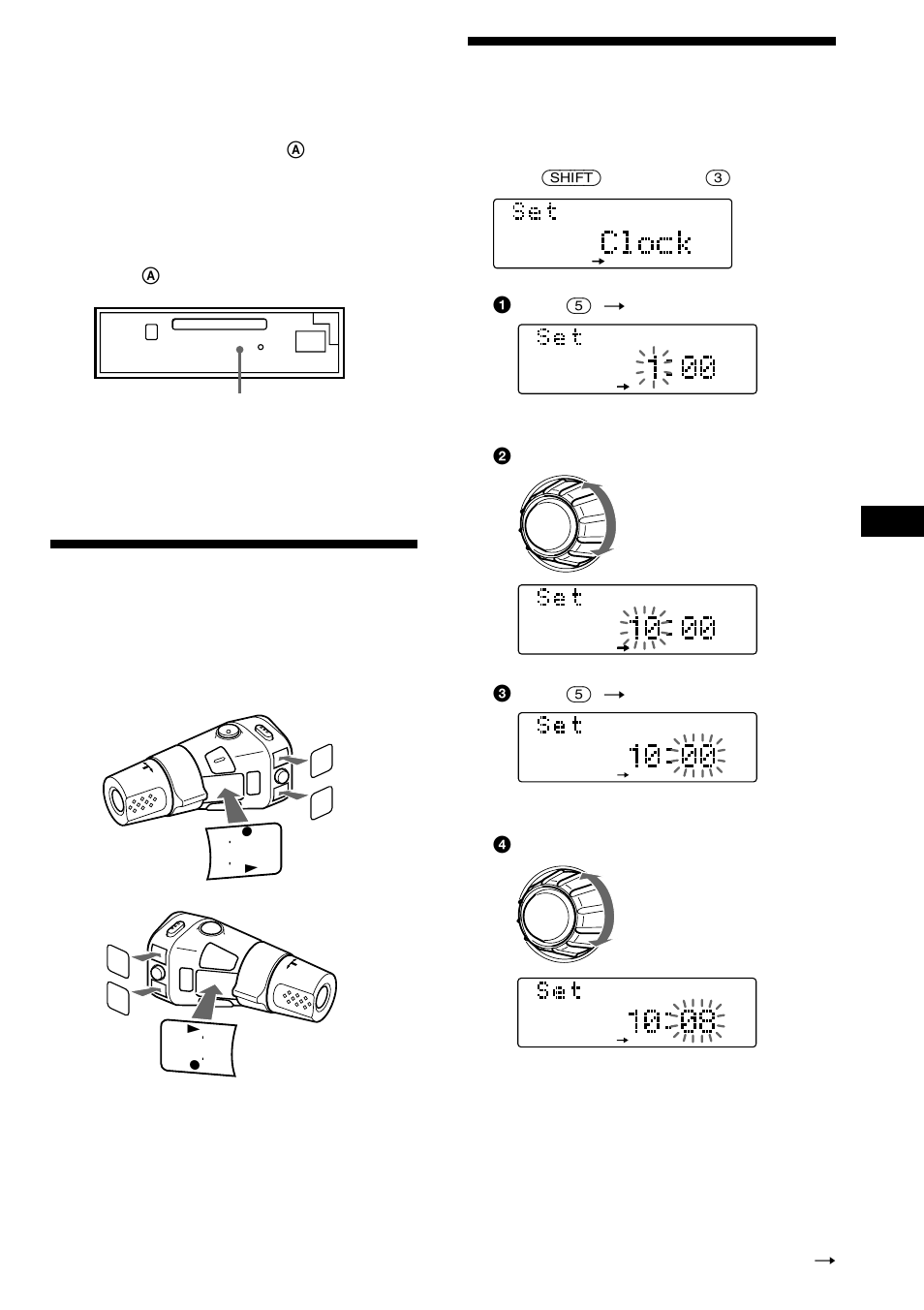 Setting the clock, Preparing the rotary commander, Caution alarm | Tir indicator, 2 set the hour. 3 press (5) ( n ), 4 set the minute, Getting started | Sony MDX-C8900R User Manual | Page 7 / 186