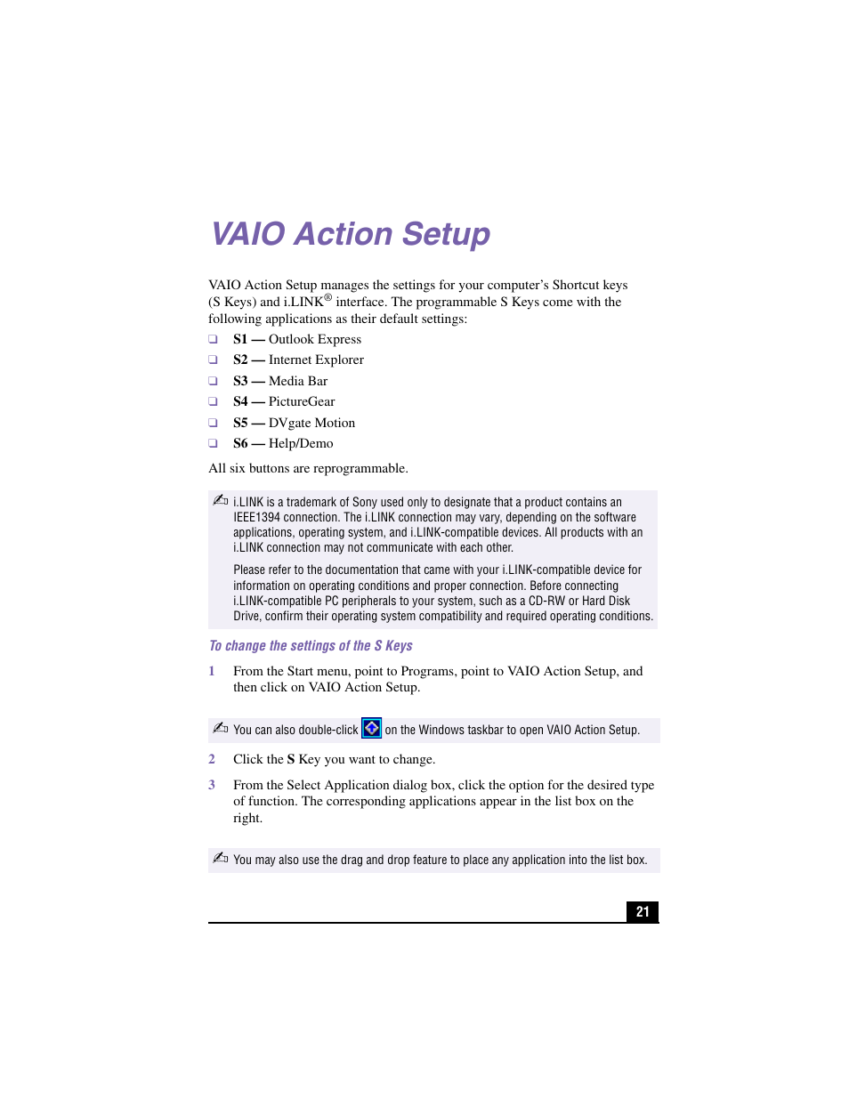 Vaio action setup | Sony PCV-RX370DS User Manual | Page 21 / 100