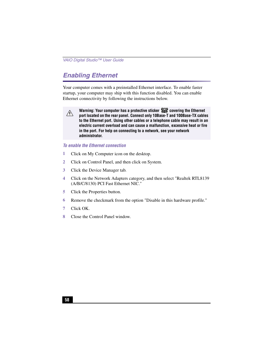 Enabling ethernet | Sony PCV-RX370DS User Manual | Page 58 / 100