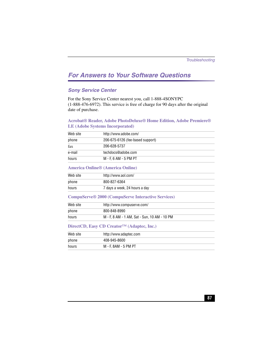 For answers to your software questions | Sony PCV-RX370DS User Manual | Page 87 / 100