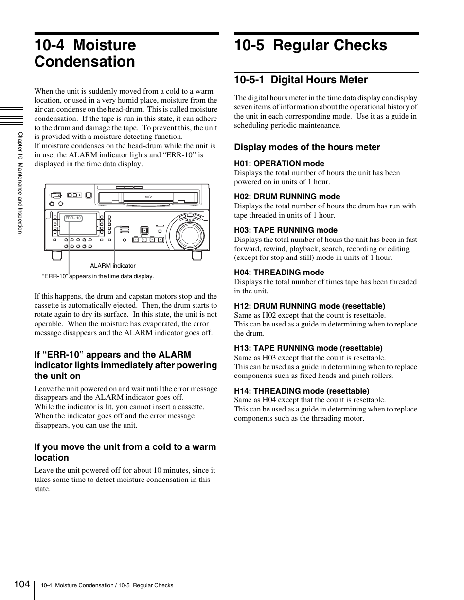 4 moisture condensation, 5 regular checks, 5-1 digital hours meter | 4 moisture condensation 10-5 regular checks | Sony HDW-1800 User Manual | Page 104 / 119