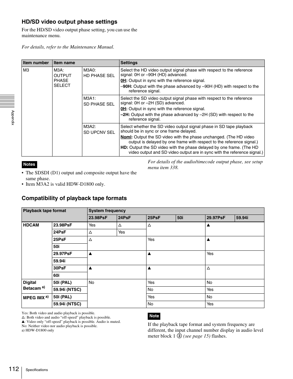 Hd/sd video output phase settings, Compatibility of playback tape formats | Sony HDW-1800 User Manual | Page 112 / 119