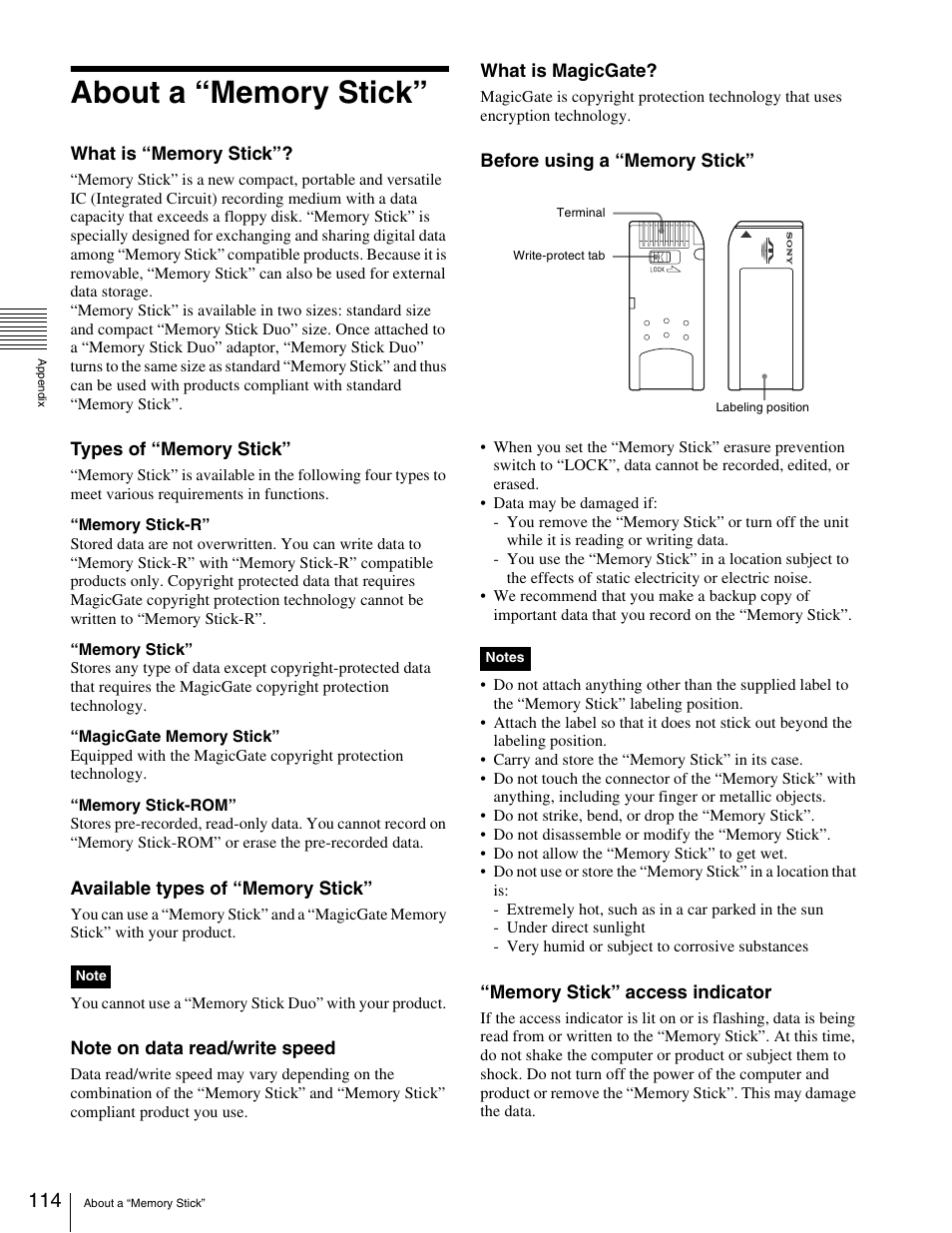 About a “memory stick | Sony HDW-1800 User Manual | Page 114 / 119