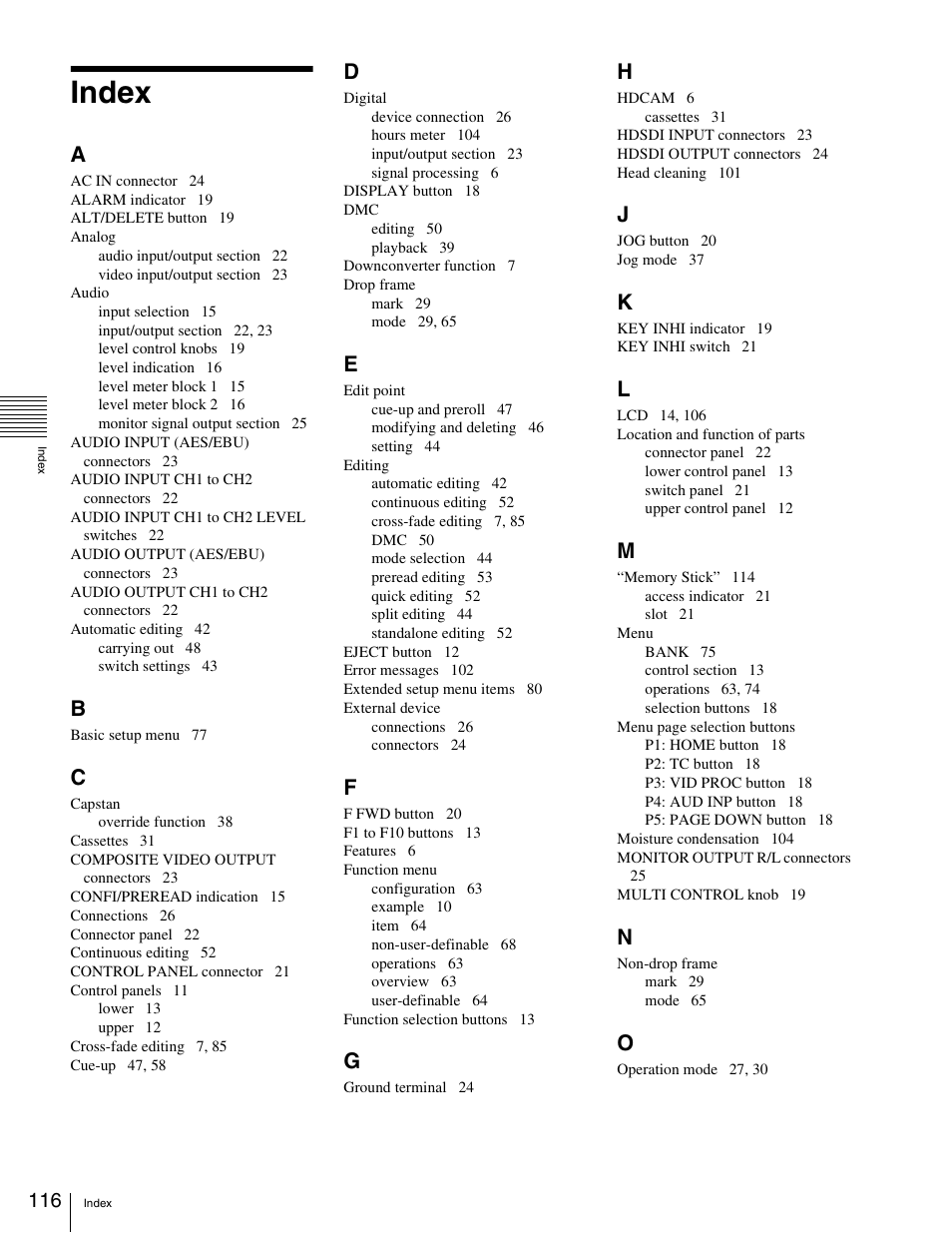 Index | Sony HDW-1800 User Manual | Page 116 / 119