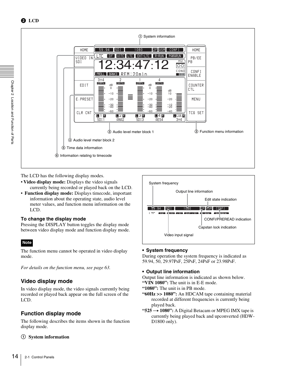 Video display mode, Function display mode | Sony HDW-1800 User Manual | Page 14 / 119