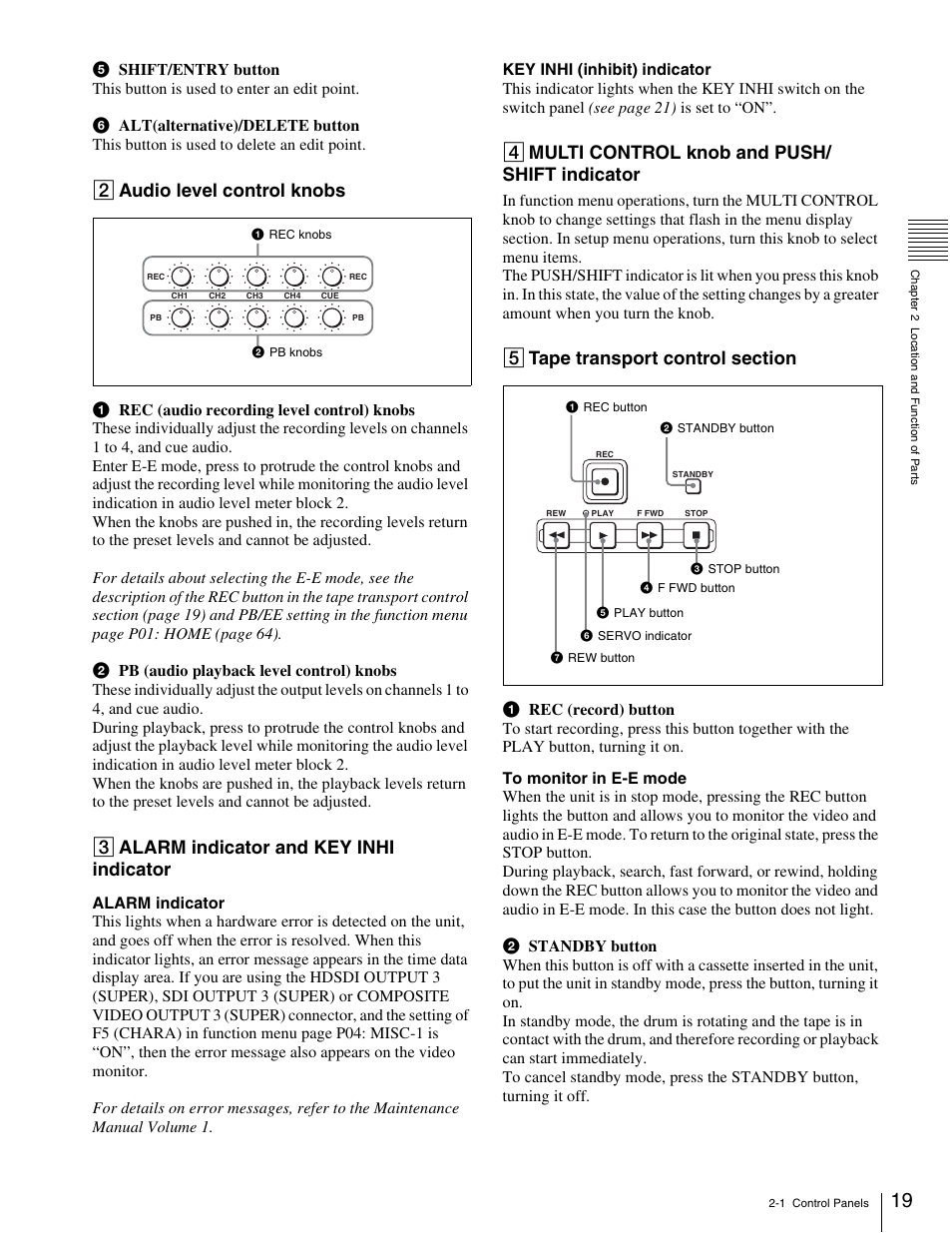 2 audio level control knobs, 3 alarm indicator and key inhi indicator, 4 multi control knob and push/ shift indicator | Sony HDW-1800 User Manual | Page 19 / 119