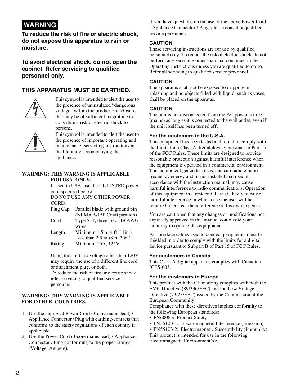 Warning | Sony HDW-1800 User Manual | Page 2 / 119