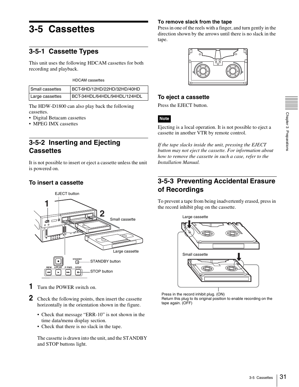 5 cassettes, 5-1 cassette types, 5-2 inserting and ejecting cassettes | 5-3 preventing accidental erasure of recordings, Recordings | Sony HDW-1800 User Manual | Page 31 / 119