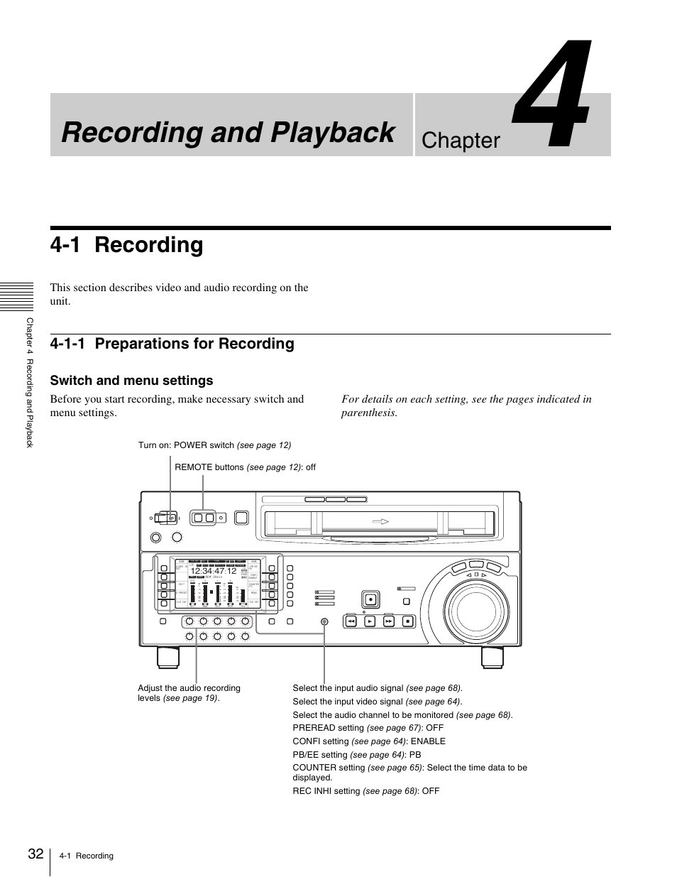 Chapter 4 recording and playback, 1 recording, 1-1 preparations for recording | Recording and playback, Chapter, Switch and menu settings | Sony HDW-1800 User Manual | Page 32 / 119