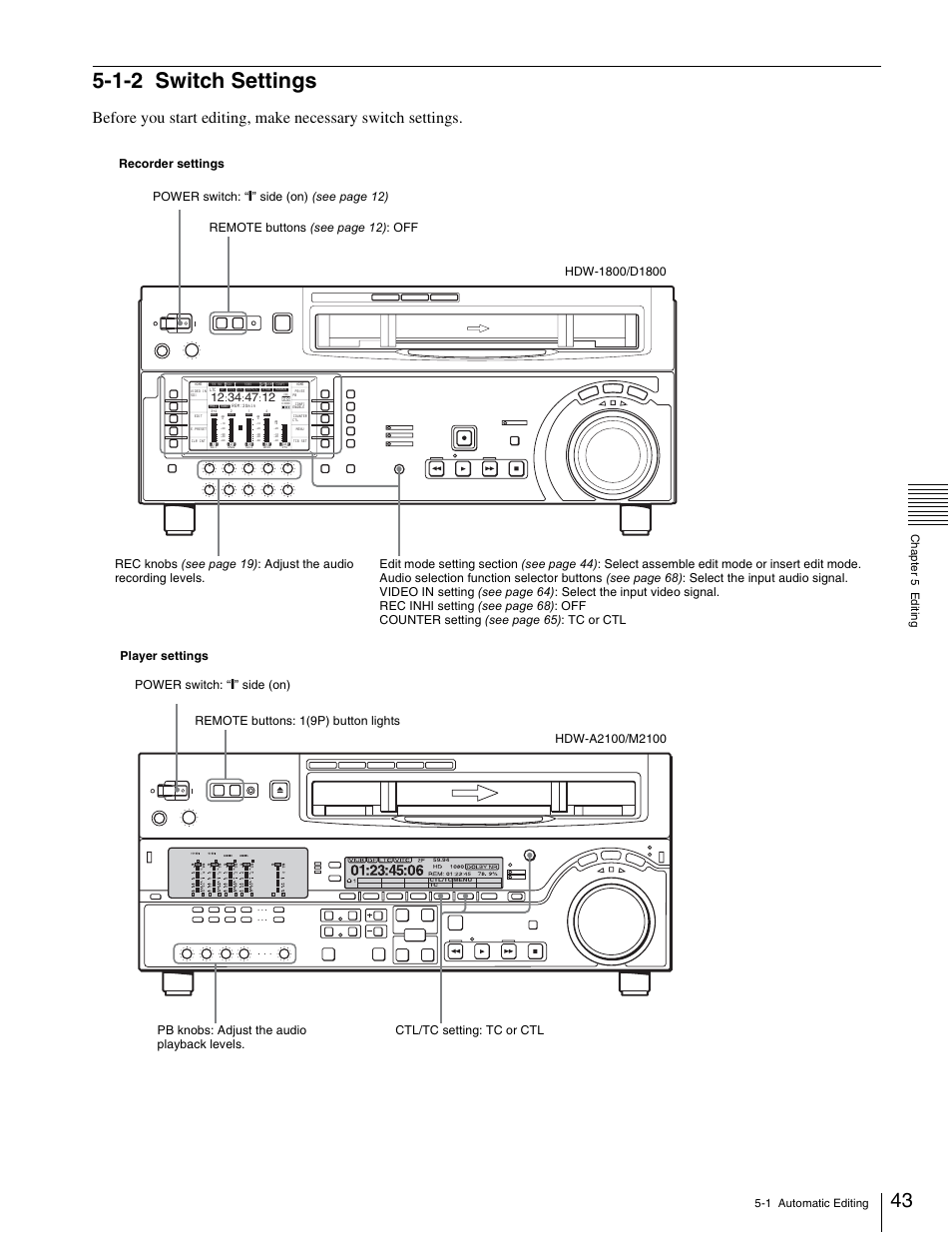 1-2 switch settings, 1 automatic editing chap te r 5 e d it in g | Sony HDW-1800 User Manual | Page 43 / 119