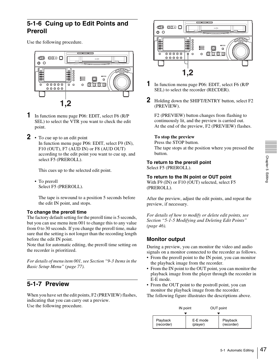 1-6 cuing up to edit points and preroll, 1-7 preview | Sony HDW-1800 User Manual | Page 47 / 119