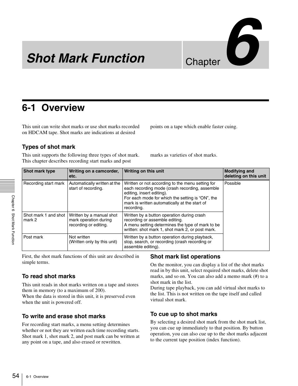 Chapter 6 shot mark function, 1 overview, Shot mark function | Chapter | Sony HDW-1800 User Manual | Page 54 / 119