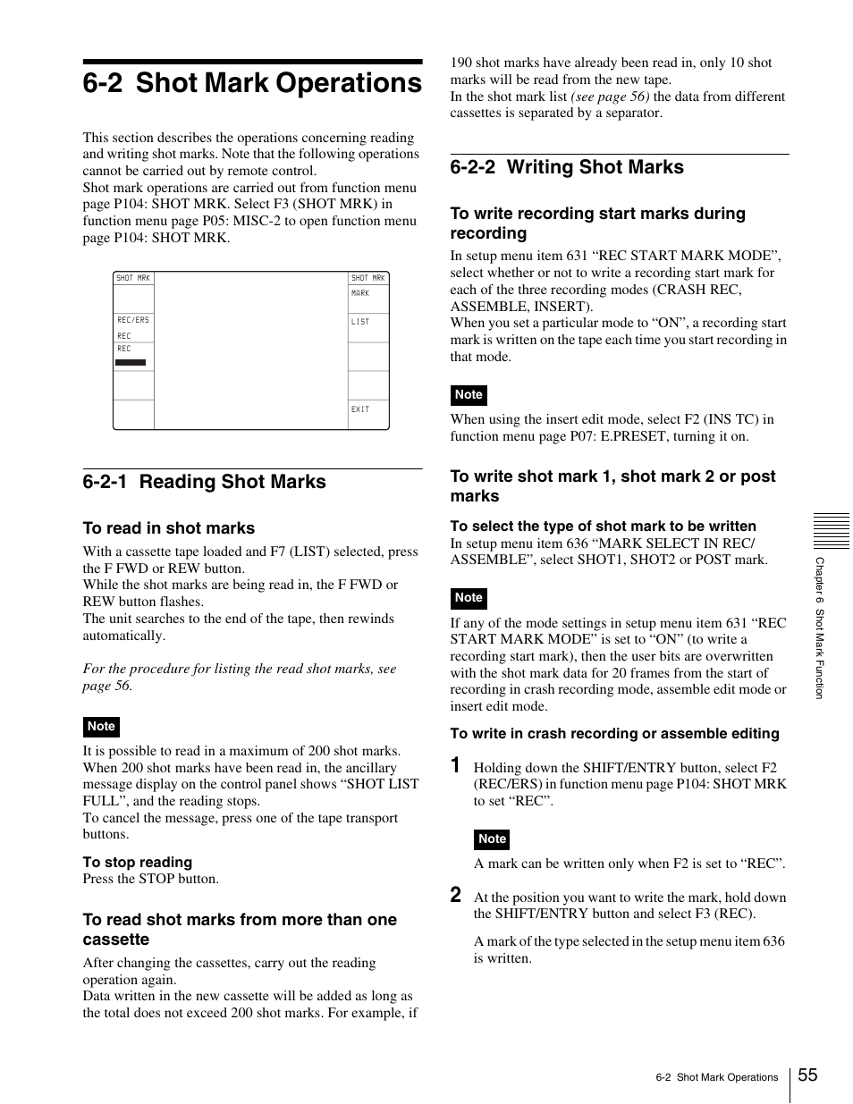 2 shot mark operations, 2-1 reading shot marks, 2-2 writing shot marks | 2-1 reading shot marks 6-2-2 writing shot marks | Sony HDW-1800 User Manual | Page 55 / 119