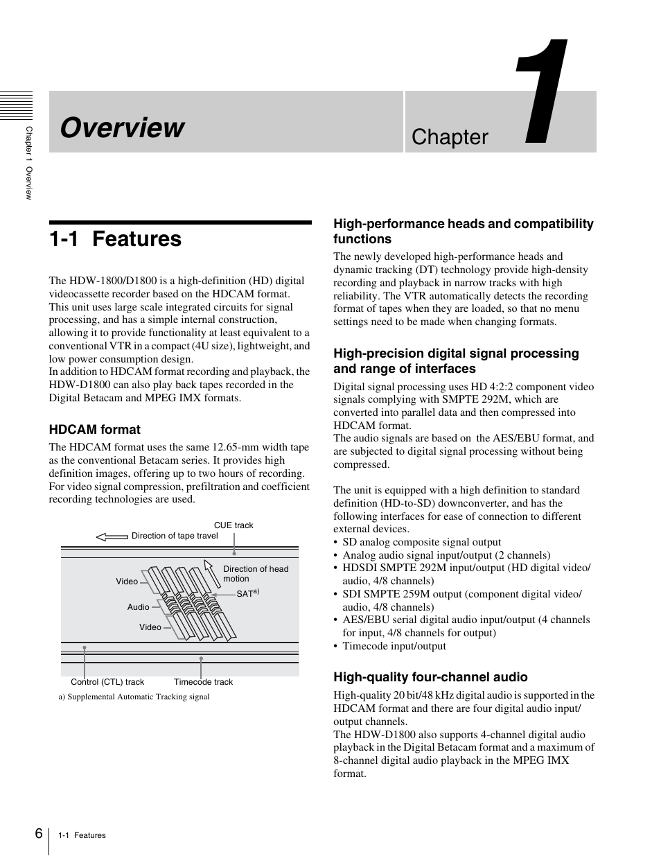 Chapter 1 overview, 1 features, Overview | Chapter | Sony HDW-1800 User Manual | Page 6 / 119