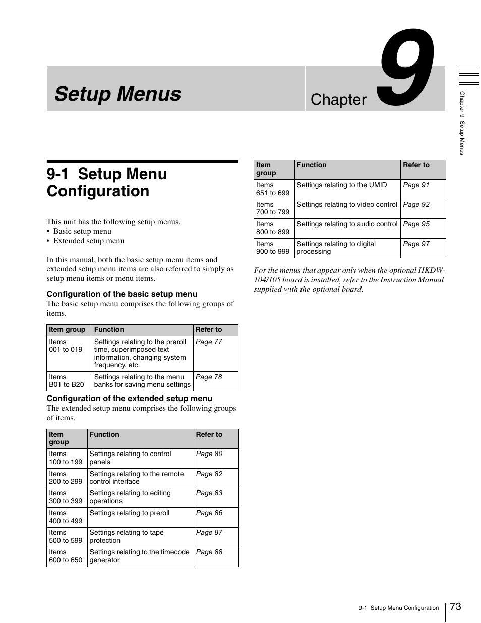 Chapter 9 setup menus, 1 setup menu configuration, E chapter 9 | Chapter 9), Setup menus, Chapter | Sony HDW-1800 User Manual | Page 73 / 119