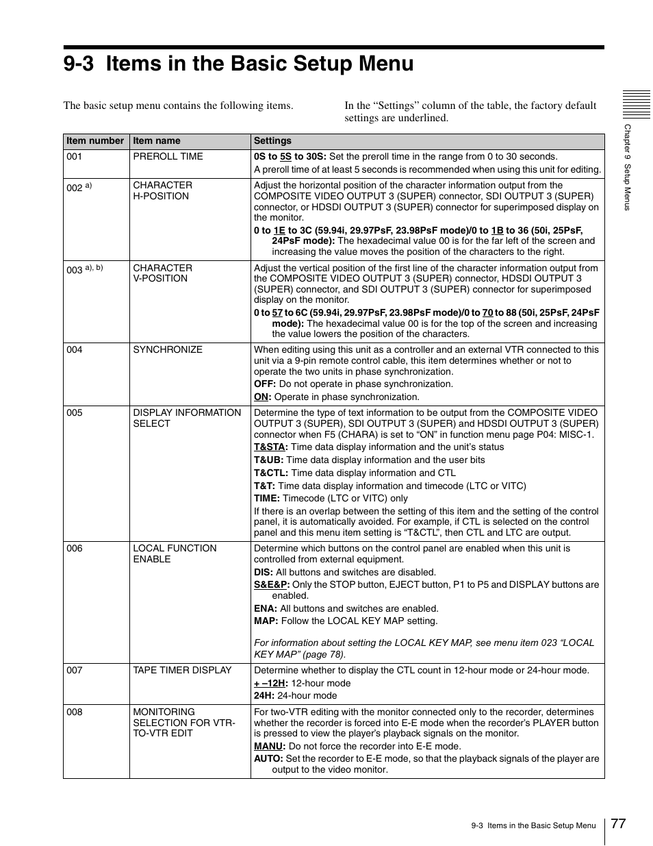 3 items in the basic setup menu | Sony HDW-1800 User Manual | Page 77 / 119