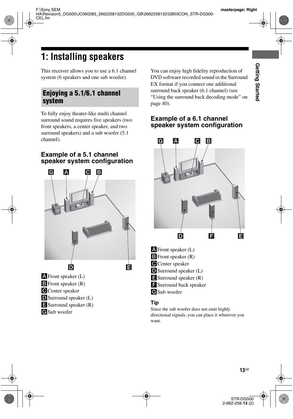 Installing speakers, Enjoying a 5.1/6.1 channel system | Sony STR-DG500 User Manual | Page 13 / 76