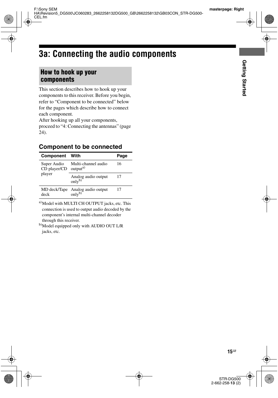 3a: connecting the audio components, How to hook up your components, Component to be connected | Sony STR-DG500 User Manual | Page 15 / 76