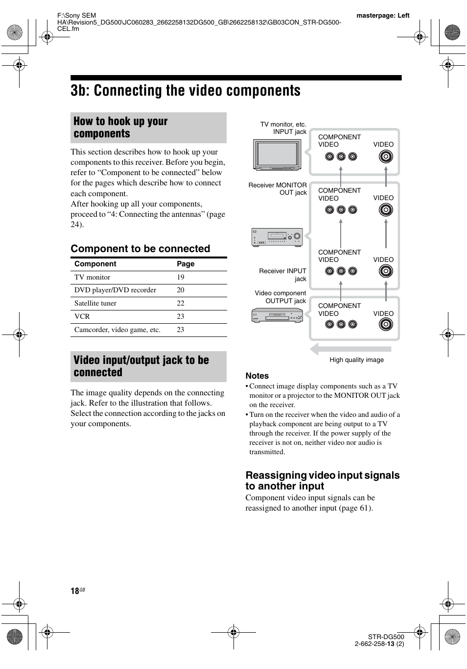 3b: connecting the video components, How to hook up your components, Video input/output jack to be connected | Component to be connected, Reassigning video input signals to another input | Sony STR-DG500 User Manual | Page 18 / 76