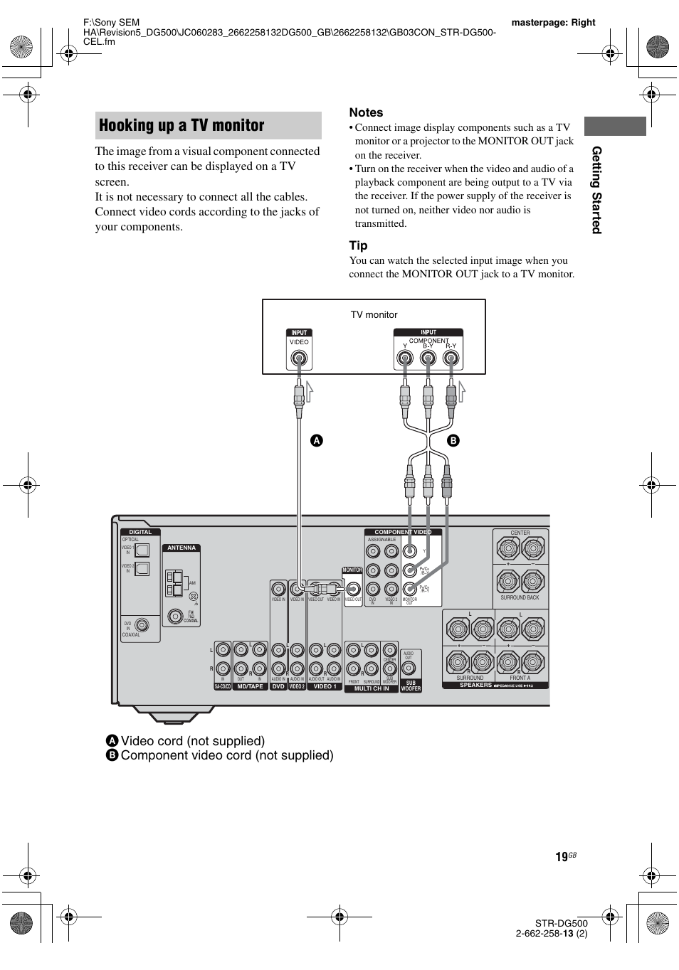 Hooking up a tv monitor, Tv monitor | Sony STR-DG500 User Manual | Page 19 / 76