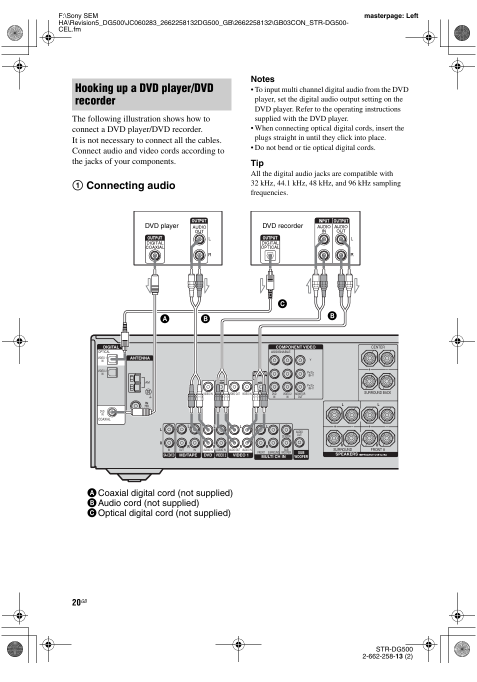 Hooking up a dvd player/dvd recorder, 1connecting audio, Dvd player | Dvd recorder | Sony STR-DG500 User Manual | Page 20 / 76