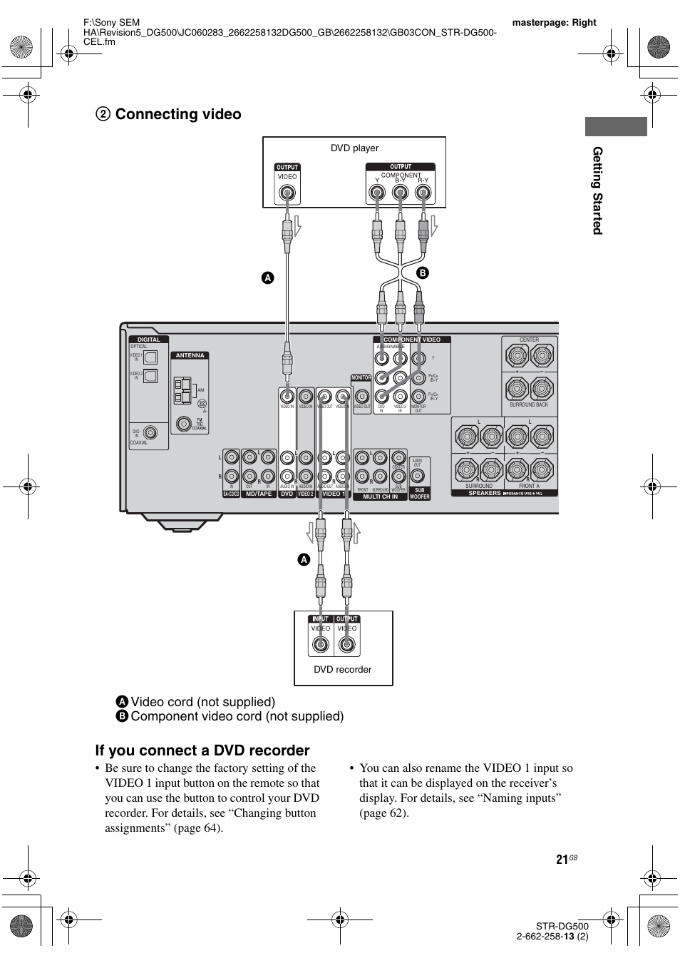 2connecting video if you connect a dvd recorder, Getting star ted, Dvd player | Dvd recorder | Sony STR-DG500 User Manual | Page 21 / 76