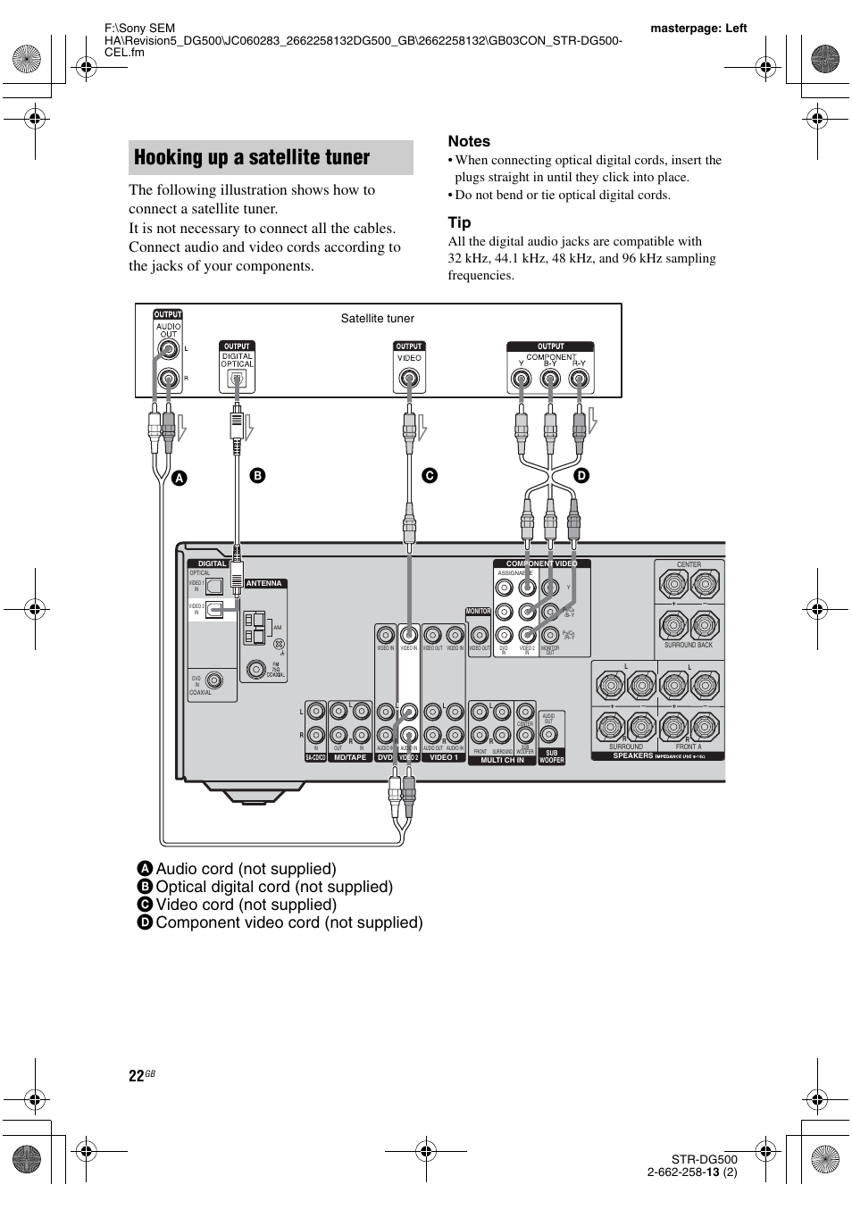 Hooking up a satellite tuner, Satellite tuner | Sony STR-DG500 User Manual | Page 22 / 76