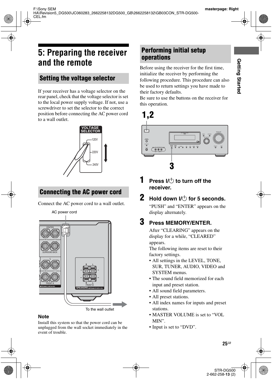 Preparing the receiver and the remote, Age 25, Performing initial setup operations | Press ? / 1 to turn off the receiver, Hold down ? / 1 for 5 seconds, Getting star ted | Sony STR-DG500 User Manual | Page 25 / 76