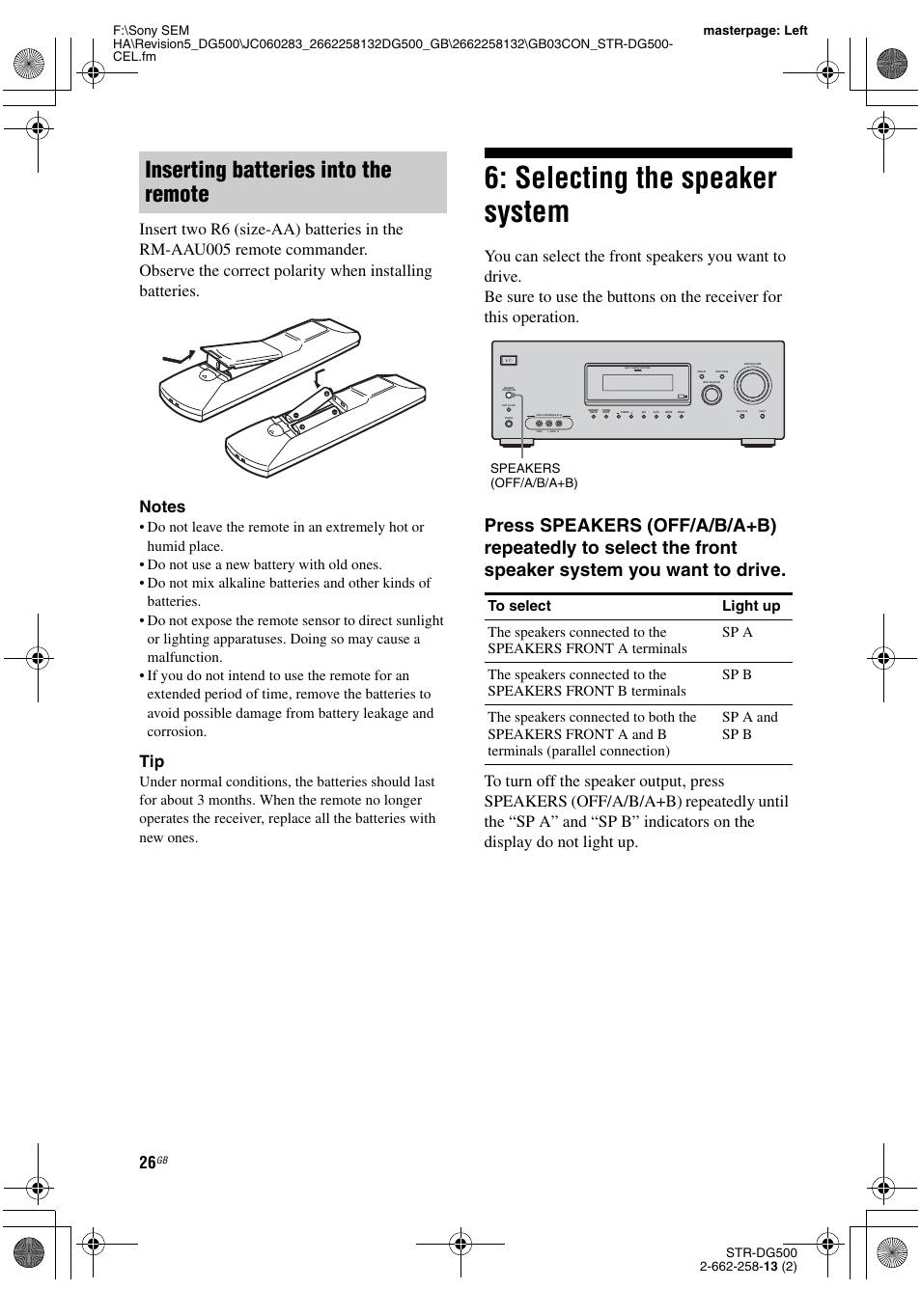 Selecting the speaker system, Inserting batteries into the remote | Sony STR-DG500 User Manual | Page 26 / 76