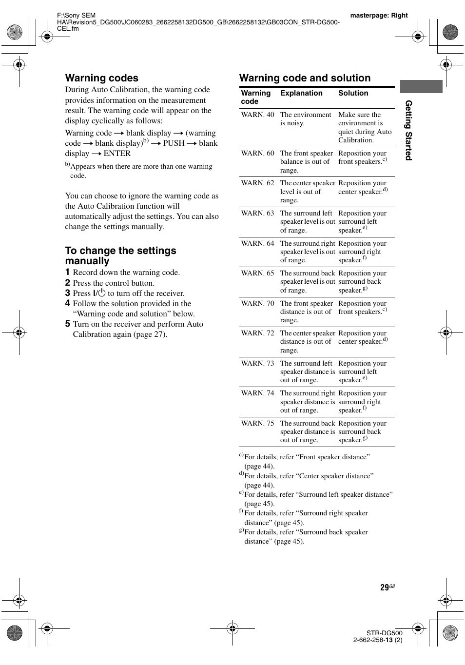 Warning codes, Warning code and solution | Sony STR-DG500 User Manual | Page 29 / 76