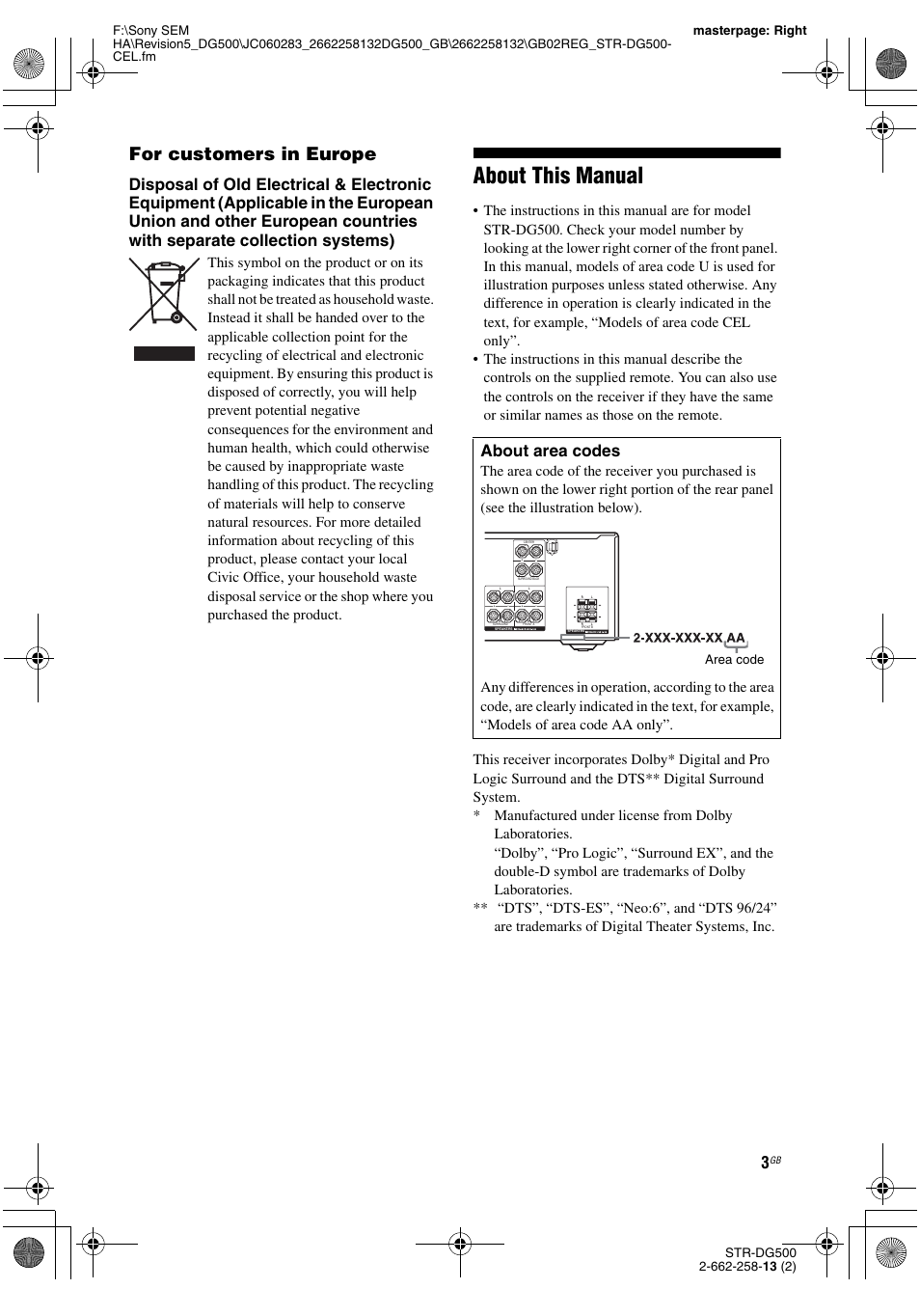 About this manual, For customers in europe, About area codes | Sony STR-DG500 User Manual | Page 3 / 76