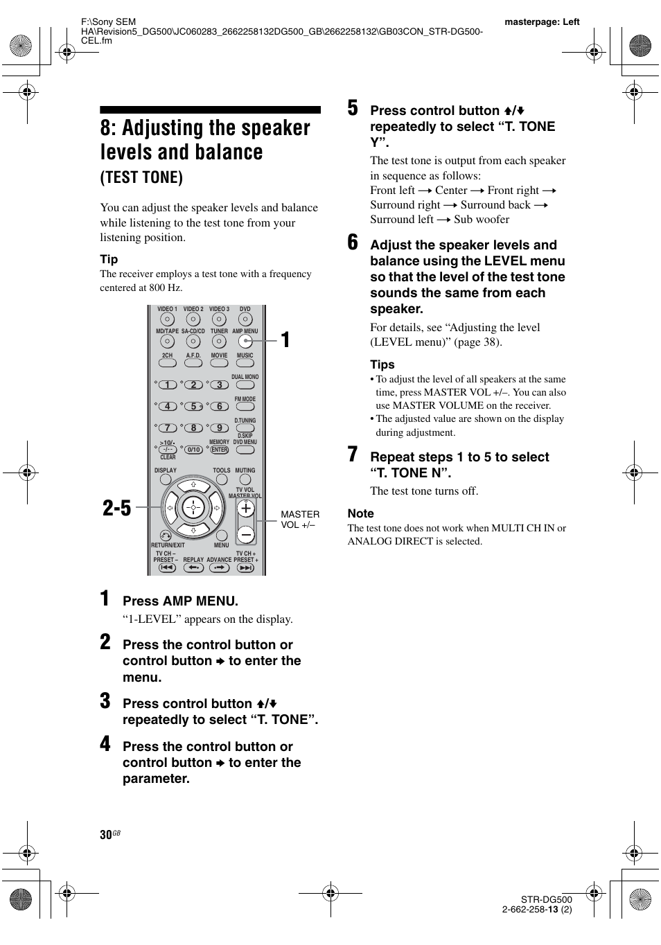 Adjusting the speaker levels and, Balance (test tone), Adjusting the speaker levels and balance | Test tone), Press amp menu, Repeat step s 1 to 5 t o select “t. tone n | Sony STR-DG500 User Manual | Page 30 / 76