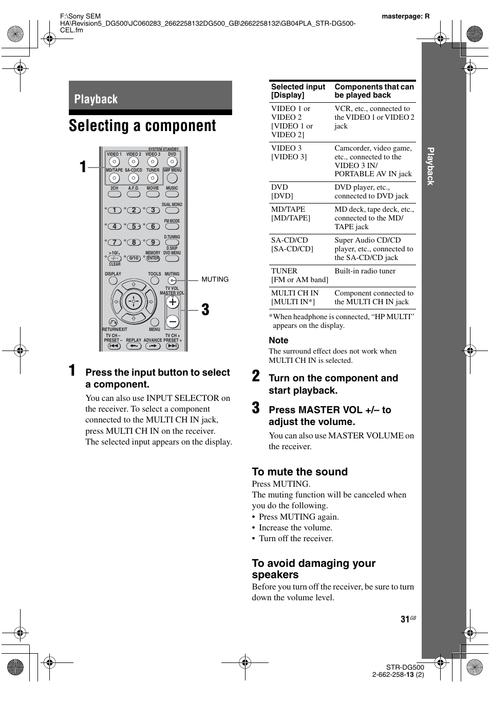 Playback, Selecting a component, Selecting a component 1 | Press the input button to select a component, Turn on the component and start playback, Press master vol +/– to adjust the volume | Sony STR-DG500 User Manual | Page 31 / 76