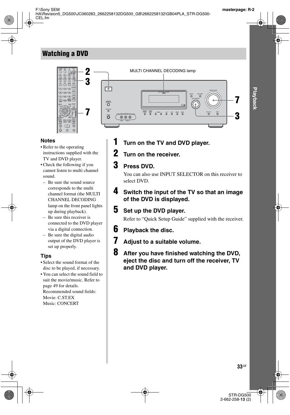 Watching a dvd, Turn on the tv and dvd player, Turn on the receiver | Press dvd, Set up the dvd player, Playback the disc, Adjust to a suitable volume, Play b a ck, Tips, Multi channel decoding lamp | Sony STR-DG500 User Manual | Page 33 / 76