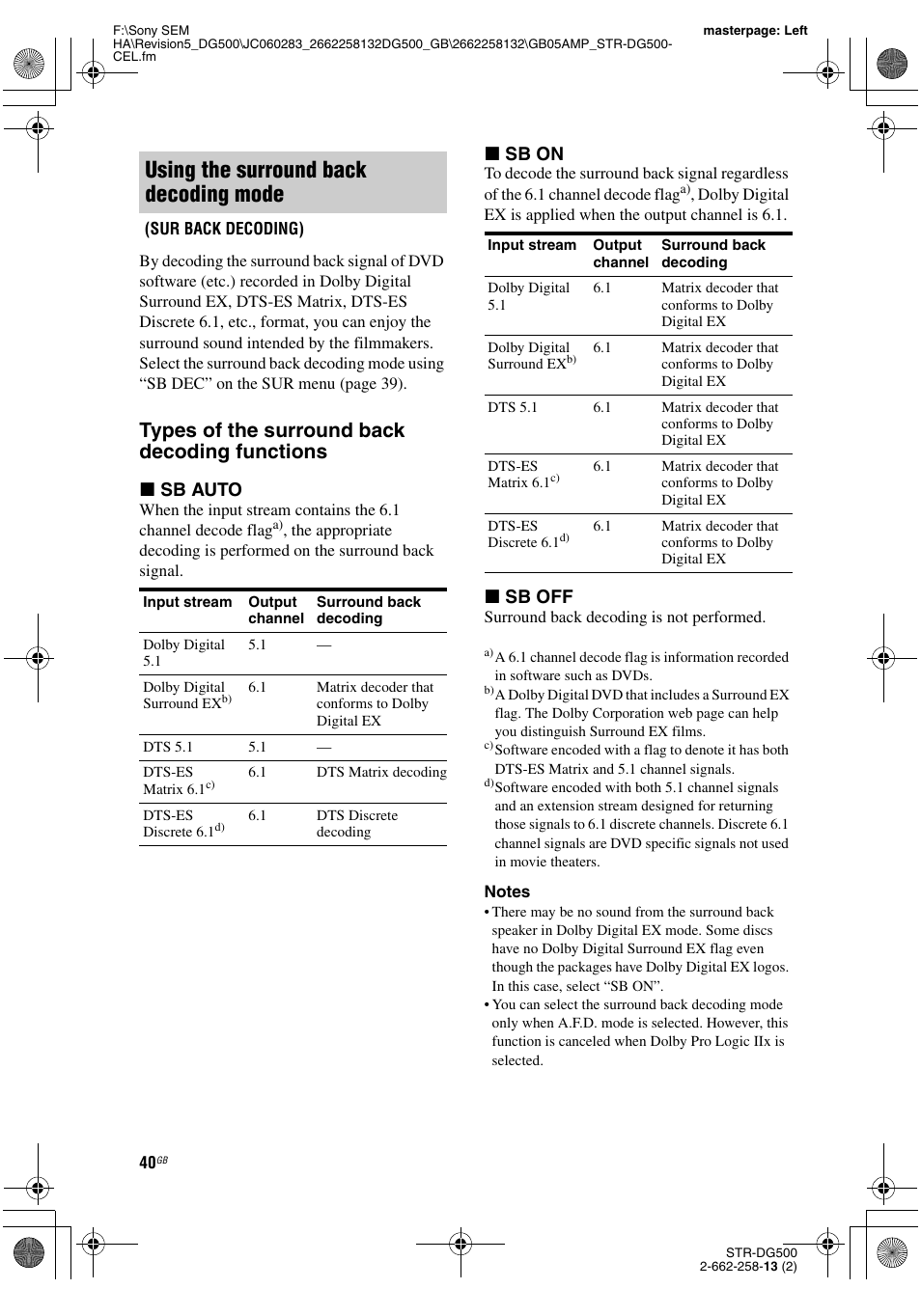 Using the surround back decoding mode, Types of the surround back decoding functions, X sb auto | X sb on, X sb off | Sony STR-DG500 User Manual | Page 40 / 76