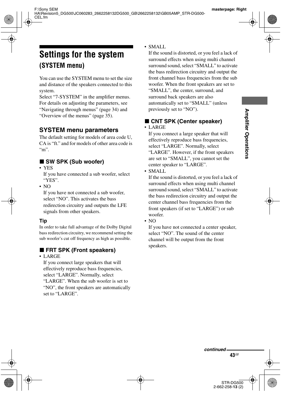 Settings for the system (system menu), Settings for the system, System menu) | System menu parameters | Sony STR-DG500 User Manual | Page 43 / 76