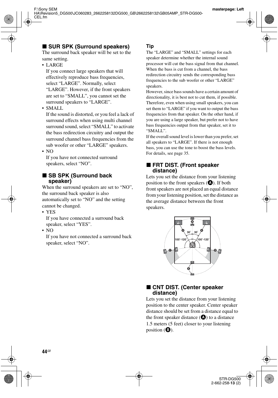 X sur spk (surround speakers), X sb spk (surround back speaker), X frt dist. (front speaker distance) | X cnt dist. (center speaker distance) | Sony STR-DG500 User Manual | Page 44 / 76