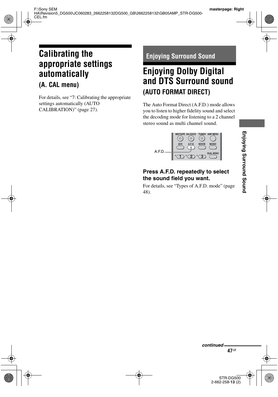 Enjoying surround sound, Calibrating the appropriate settings, Automatically (a. cal menu) | Enjoying dolby digital and dts surround, Sound (auto format direct), Calibrating the appropriate settings automatically, Enjoying dolby digital and dts surround sound, A. cal menu), Auto format direct) | Sony STR-DG500 User Manual | Page 47 / 76