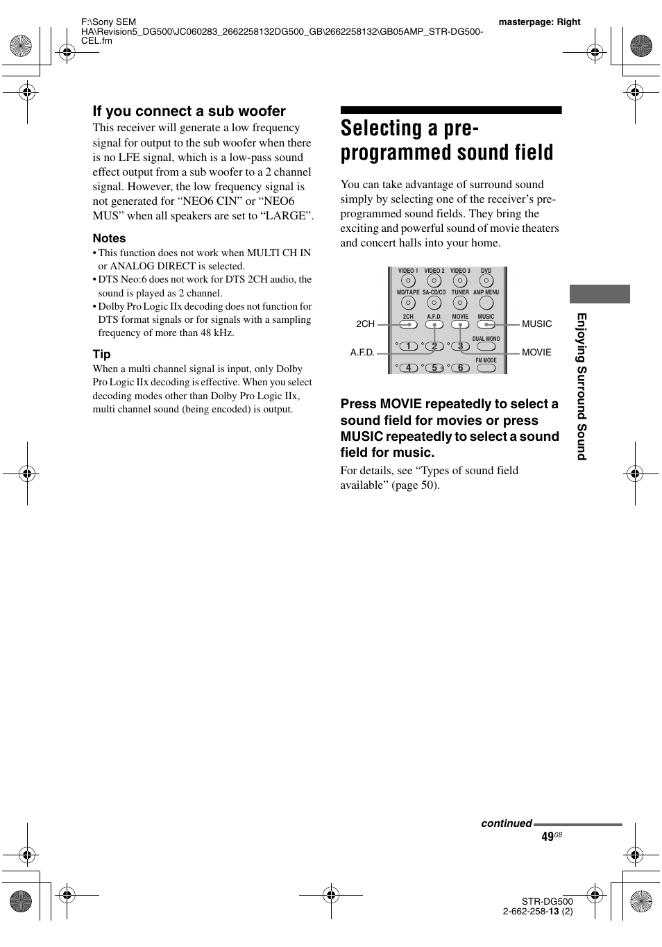 Selecting a pre- programmed sound field, Selecting a pre-programmed sound field, If you connect a sub woofer | Sony STR-DG500 User Manual | Page 49 / 76