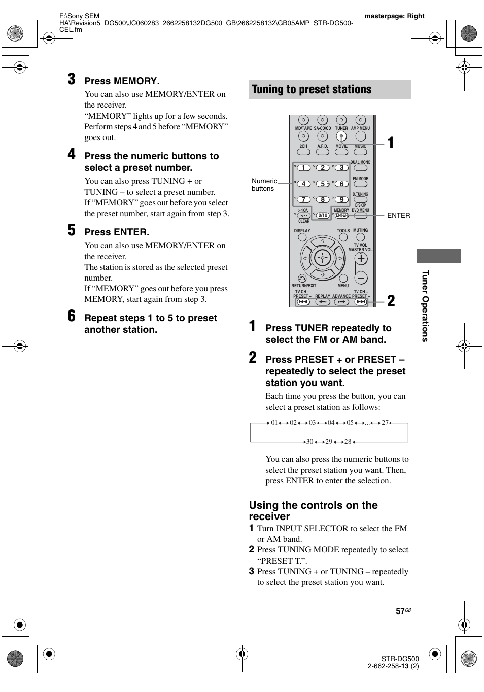 Tuning to preset stations, Using the controls on the receiver, Press enter | Repeat steps 1 to 5 t o preset another station, Press tuner repeatedly to select the fm or am band | Sony STR-DG500 User Manual | Page 57 / 76