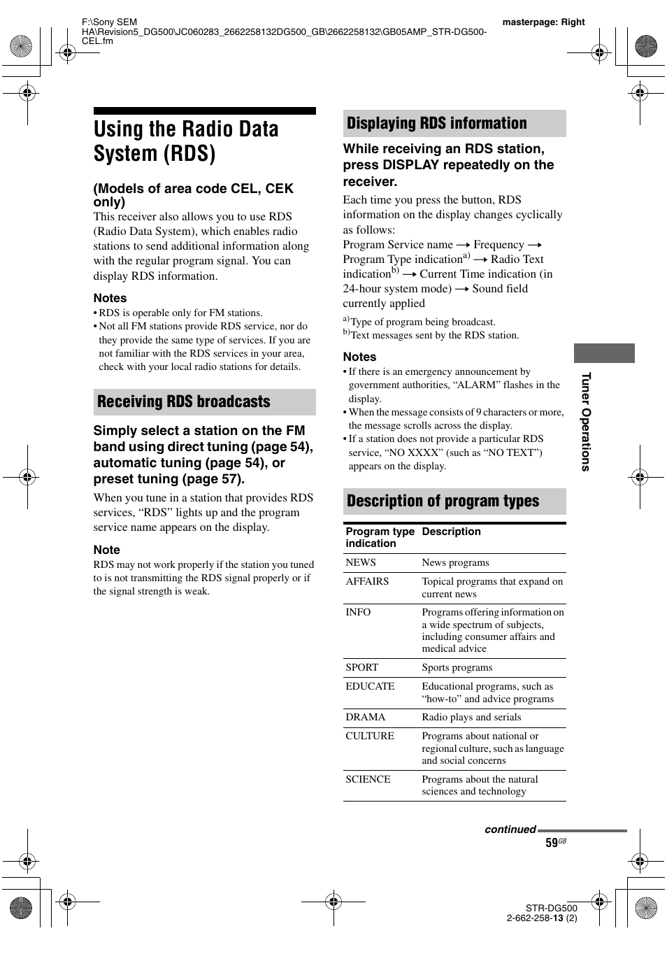 Using the radio data system (rds), Models of area code cel, cek only), Age 59 | Sony STR-DG500 User Manual | Page 59 / 76