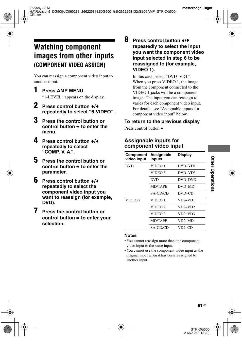 Watching component images from other, Inputs, Component video assign) | Watching component images from other inputs | Sony STR-DG500 User Manual | Page 61 / 76